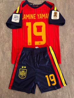 Kids Size 24 Youth Large Spain 2026 World Cup Champs ⭐️⭐️ ‘Lamine Yamal 19’  Home Jersey Set