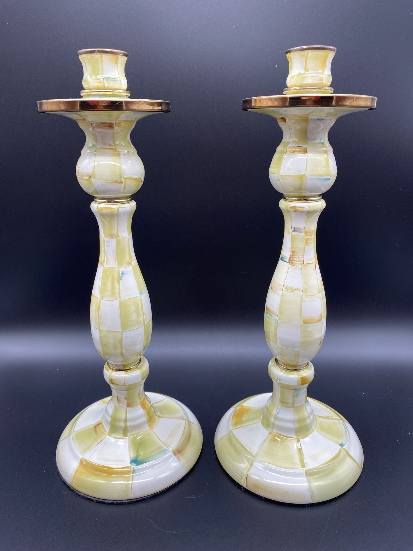 Mackenzie Childs Parchment Check Large 14” Enamel Candlesticks