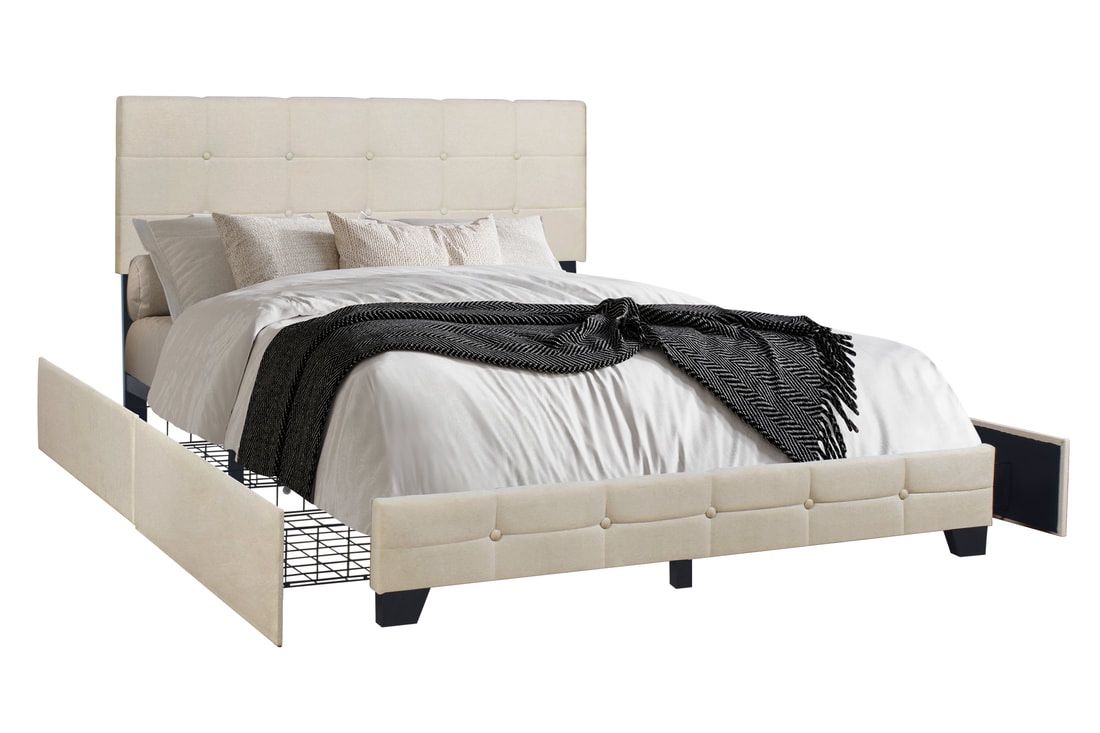NEW IN BOX Platform Beige Bed Frame- Full, Queen, King with Side Drawer Storage