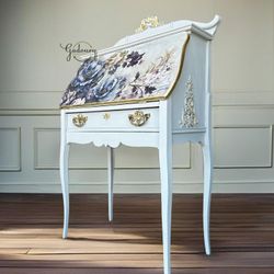 Blue Tiger Oak Gold Floral Antique French Small Secretary Desk 