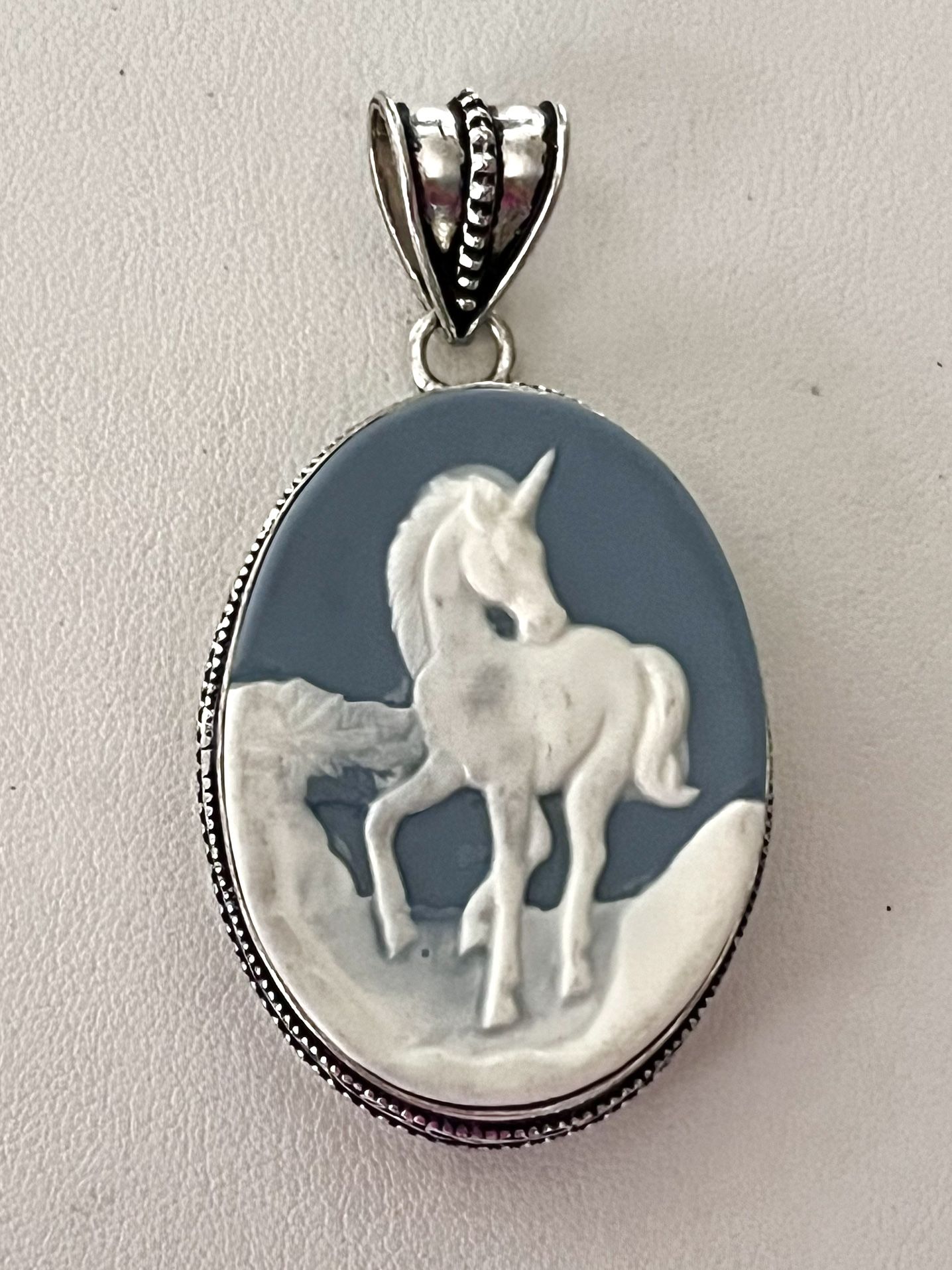 Handcrafted Cameo Unicorn Equestrian Sterling Silver 2” Pendant
