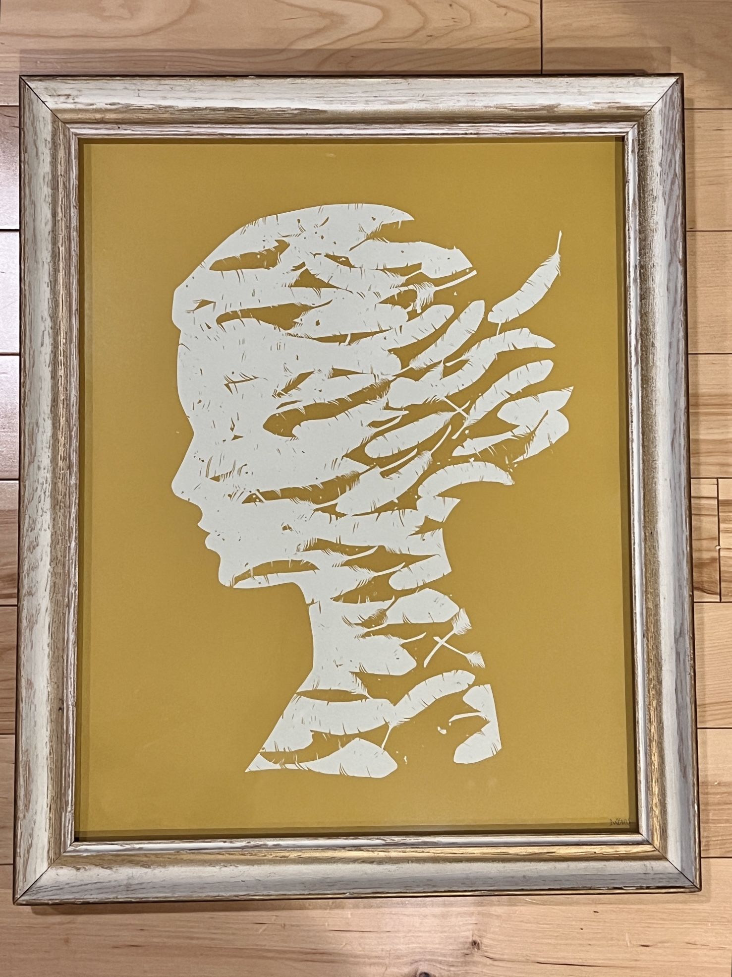 Feathery Profile Silhouette On Yellow - Large Signed Framed Wall Art