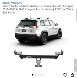Class 3 Trailer Hitch 2-Inch Receiver Compatible with Compass 2018–2025 & 2017 Compass Built in Mexico | 4,000 lbs GTW / 600 lbs TW