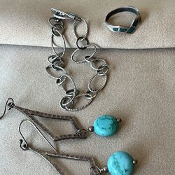 Sterling Silver Turquoise Jewelry Set Earrings Bracelet And Ring Size 6