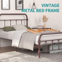 [T140]Bed Twin Size Platform Metal Frame, with Vintage Headboard and Footboard, Antique Bronze Brown Baking Paint