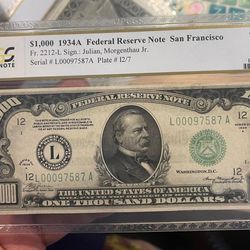 1934A $1000 Federal Reserve Note - San Francisco - Fr# 2212 - PCGS 64 UNC