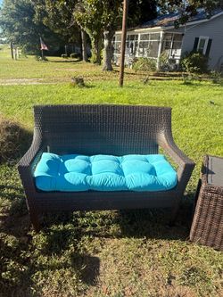 2-Piece Outdoor Wicker Patio Bench & Side Table Set (With Cushion)