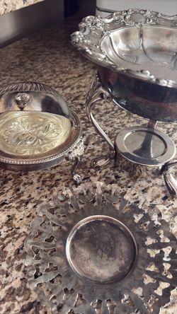 Silver plated butter dish, small chafing dish, and plate