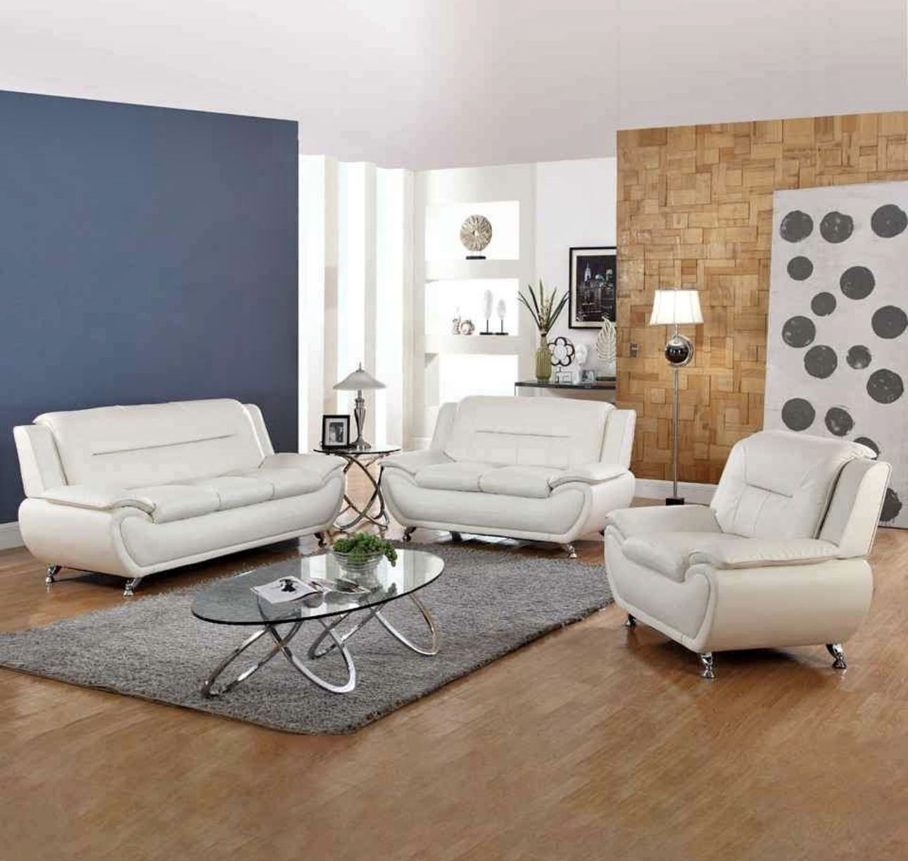 Modern Style White Leather Three Piece Couch Set