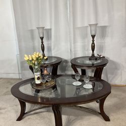 Classic Glass & Wood Coffee Table Set Of 3