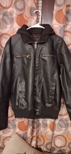 Guess Black Leather Hooded Bomber Jacket