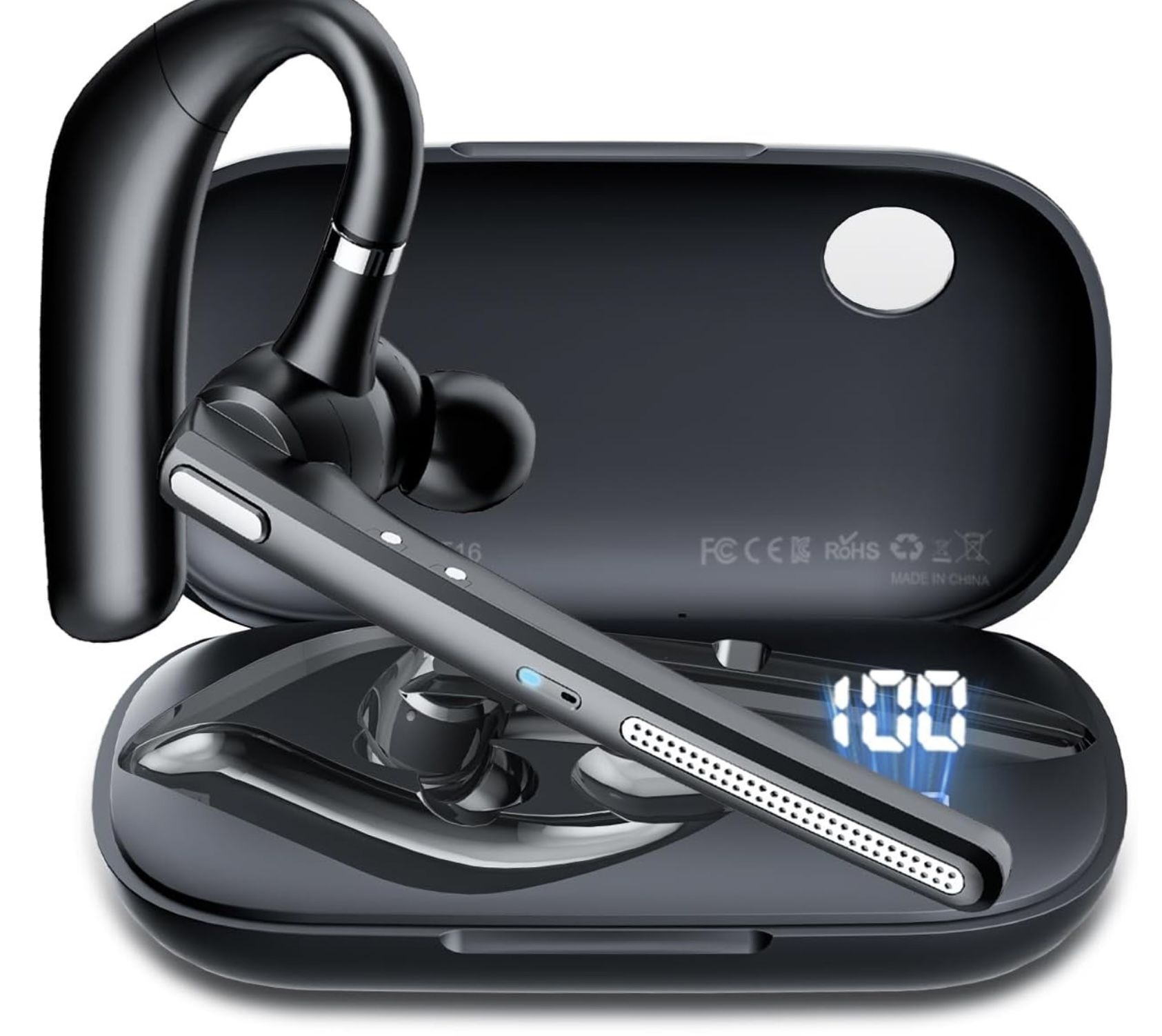 🏅❤️🏅Bluetooth Headset V5.3, Wireless Earpiece with 500mAh Charging Case Hand-Free Headphones Noise Canceling Mic for Office/Driving/Business