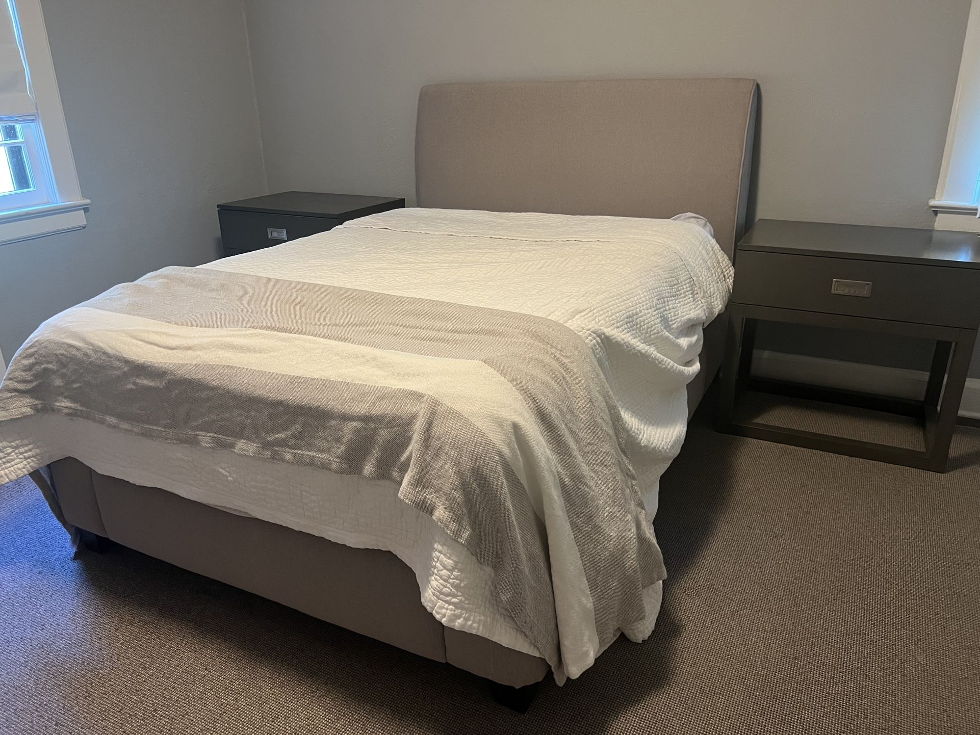 Full Size Upholstered Bed in Very Good Condition Mattress and Box Spring Included if wanted 48”h @ hb x 58”w x 14”h @fb. Smoke free household