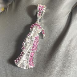 Santa Muerte Grim Reaper Pendant – Real 925 Sterling Silver Pink CZ