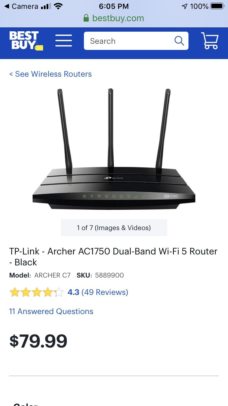 TP-LINK AC1750 Dual Band Wireless Router, Model: Archer C7