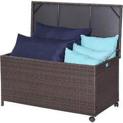 Brand New 50 Gallon PE Wicker Outdoor Rattan Storage Box with Waterproof Liner and 2 Universal Wheels