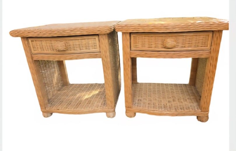 Wicker rattan set of bedSide tables nightstands with a drawer