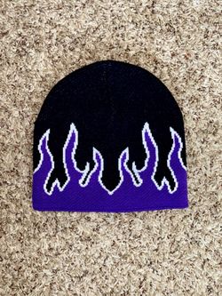 Vintage Flames Purple & Black Fire Beanie Hat Cap Streetwear Unisex