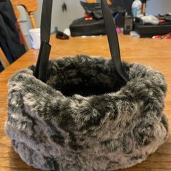 Faux Fur Fuzzy Gray / Black Leather Purse Perfect Condition