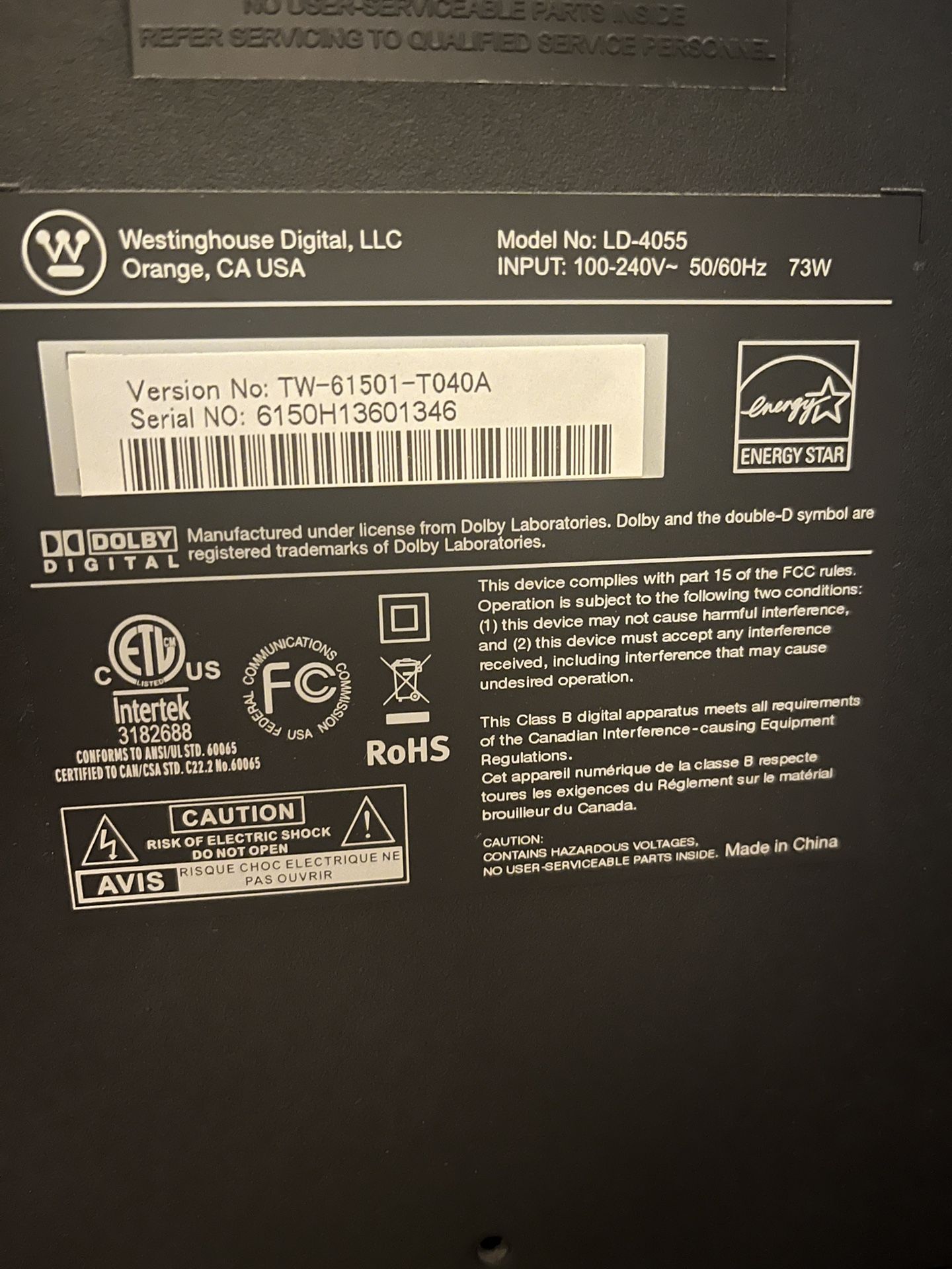 40” Westinghouse Tv Model LD-4055