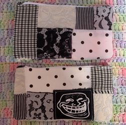Handmade Patchwork Troll Face Zip Up Pouch / Pencil Case / Makeup Bag, 7x4 