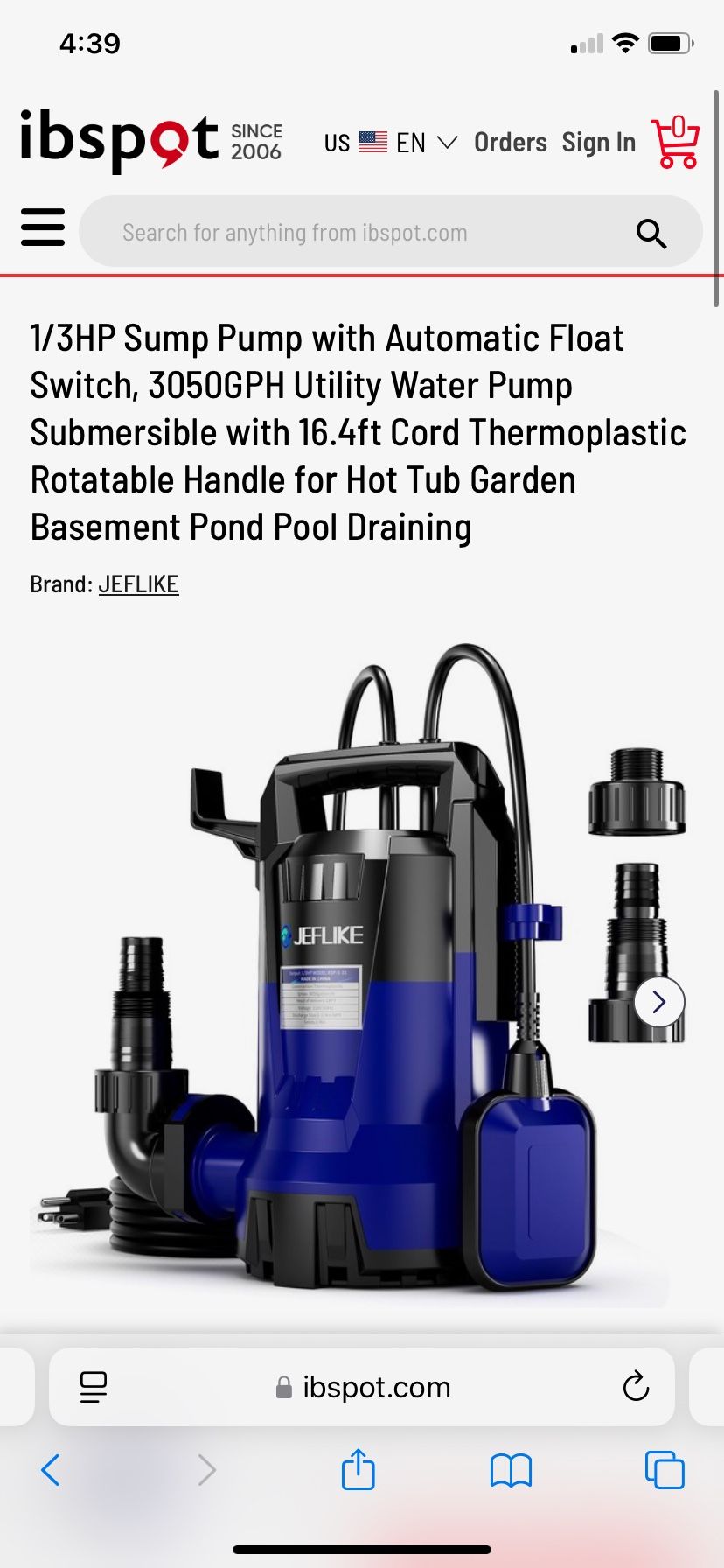 1/3HP Sump Pump with Automatic Float Switch, 3050GPH Utility Water Pump Submersible with 16.4ft Cord Thermoplastic Rotatable Handle for Hot Tub Garden