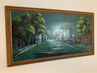 Fantastic Vintage Mid Century Framed Colorful City Life Scene Painting by Hie Halo