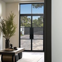 French Steel Double Door 4-Lites W/ Transom Matte Black French Iron Steel Door with Handle and Locks, Elegant Entrance Door for Home and Office availa