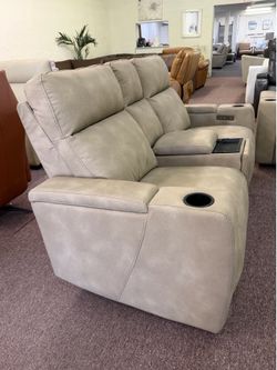 Taupe Greymel Loveseat w/ 2 Power headrest and Console