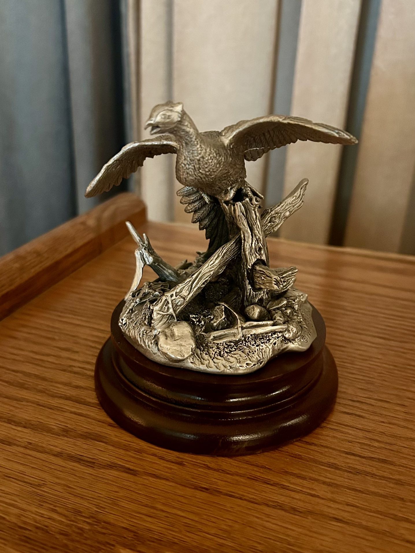 Chilmark Ringneck Pheasant Fine Rare Pewter Figurine Sculpture George de Lodzia 1981 Antique Cherry Wood Base
