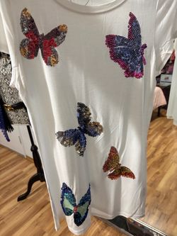 White Sequin Butterfly Graphic T-Shirt