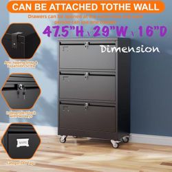 🥨3 Drawers Lateral File Cabinet with Key on Wheels,Steel Office Filing Storage Cabinet with 3 Locks,Black,  47.5”H×29”W×16”D,