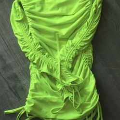 Neon Yellow Scrunch Bodycon Party Club Festival Summer Dress 