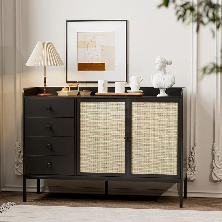 LED Black Rattan Sideboard Buffet Cabinet with Storage, Accent Cabinet with 2 Doors and 4 Drawers