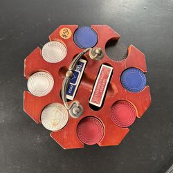 Vintage wood poker caddy with handle and Wood Poker chips. As seen in the picture, it is the poker caddy and everything inside of it 