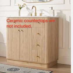 36 Inch Bathroom Vanity , Modern Fluted Single Bathroom Vanity with Sink with Storage Cabinet, Adjustable Shelf and 3 Small Drawers, Solid Natural woo