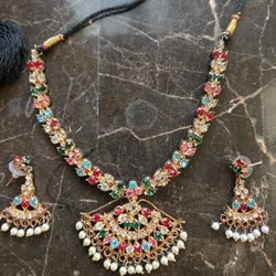 Gold Tone Multicolored Rhinestone Studded Necklace With Matching Earrings