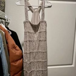 Adrianna Papel Halter Dress In Beige With Pearl Accents