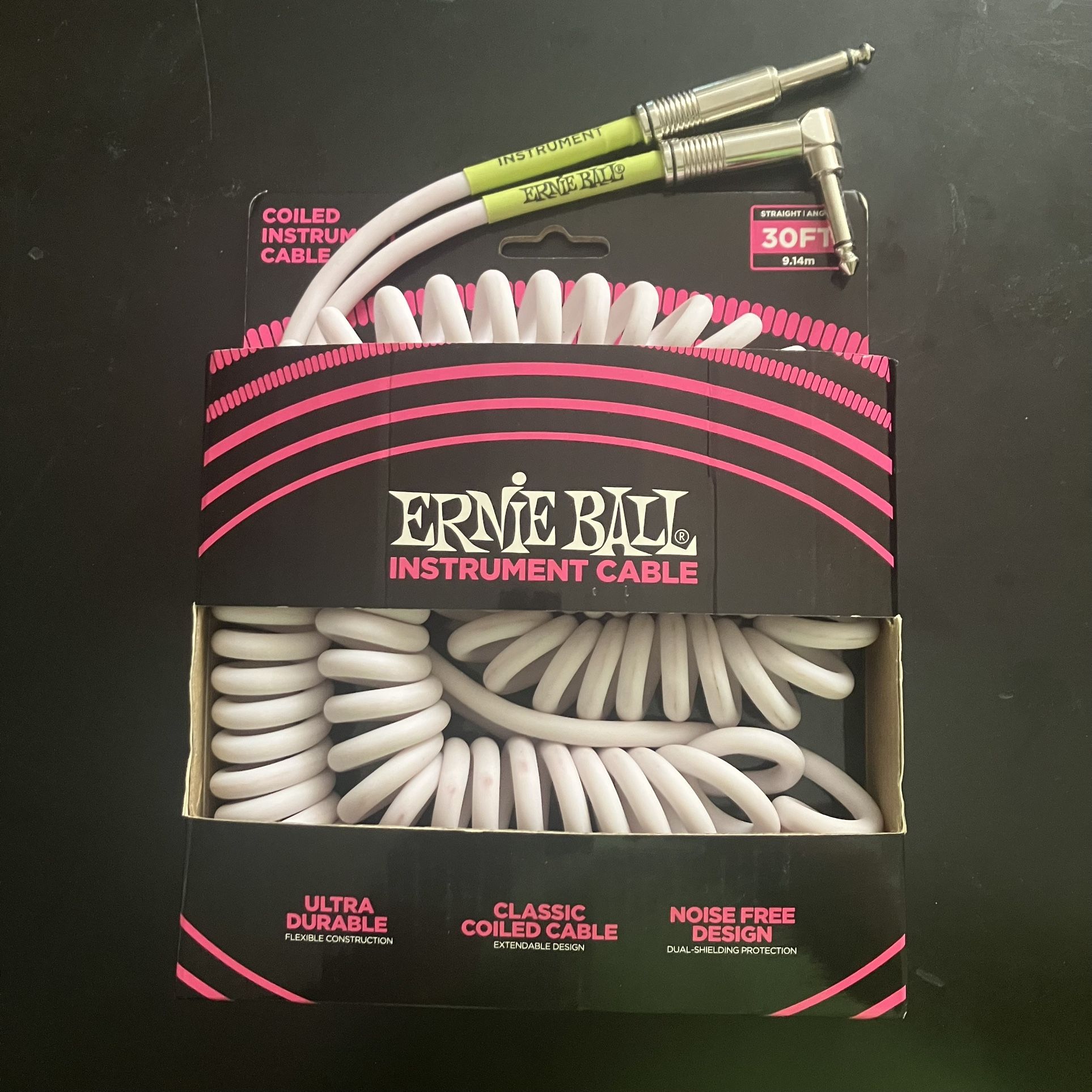 Ernie Ball 30' Coiled Straight-Angle Instrument Cable - White Guitar Cord
