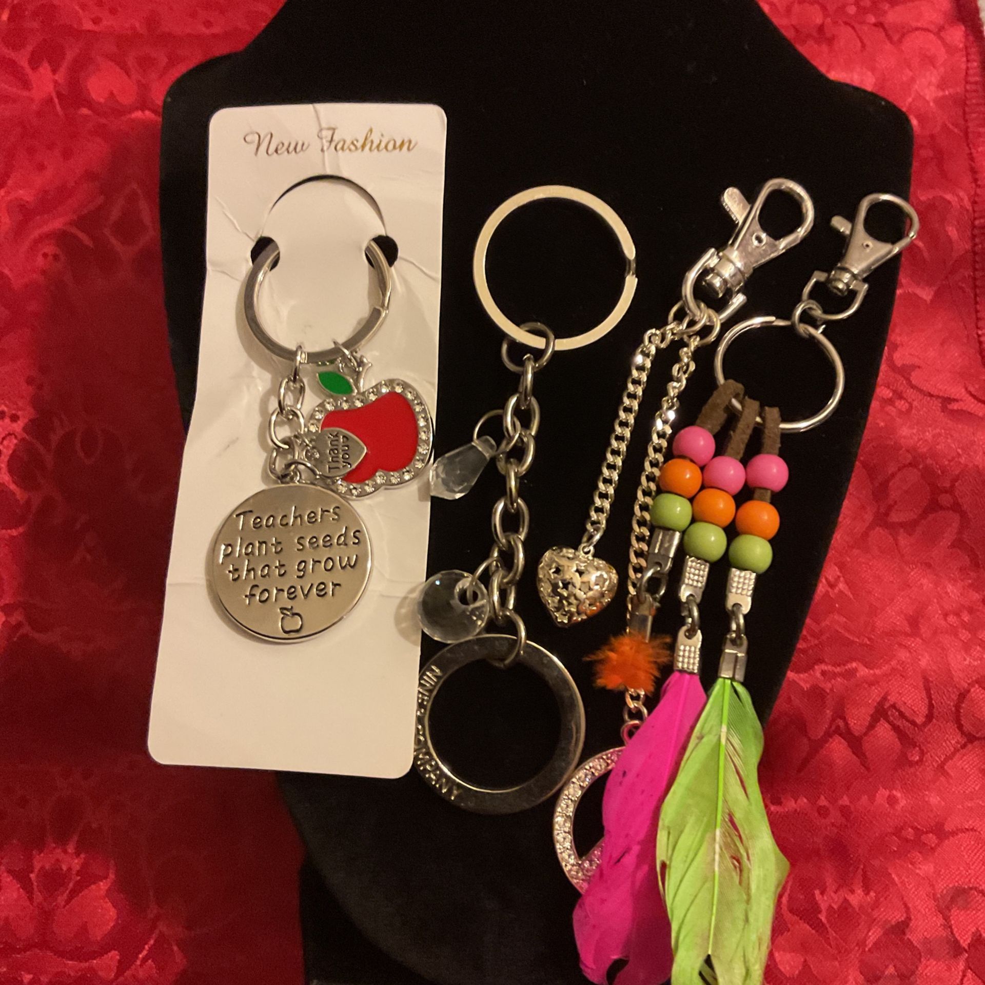 4 Silver Keychain/belt Clip Jewelry With Dangling Chain,crystals ,rhinestones ,heart,apple,and Feathers