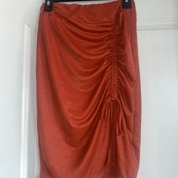 Burnt Orange Ruched Knee-Length Pencil Skirt