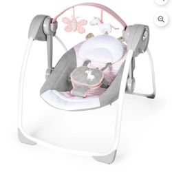 Ingenuity Soothe 'n Delight 6-Speed Portable Baby Swing with Music - Flora the Unicorn (Pink)