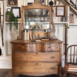 Antique 1900s Tiger Oak Dresser W/ Swivel & Tilt Carved Beveled Mirror Restored
