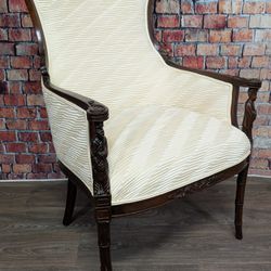 Chinoiserie Carved Mahogany Wingback Parlor Chair - Unique Design! - Delivery Available