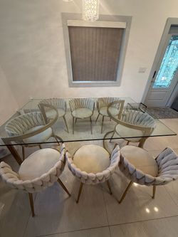 Glass dining table 8 chairs gold