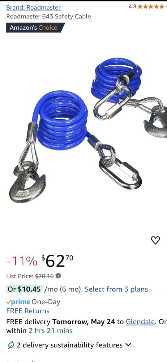 Safety Cables - Roadmaster
Roadmaster
RoadMaster 68" Single Hook, 6,000 lbs