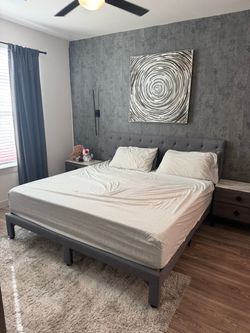 King Bed Frame and Headboard + 2 Nightstands – (Ready for transport)