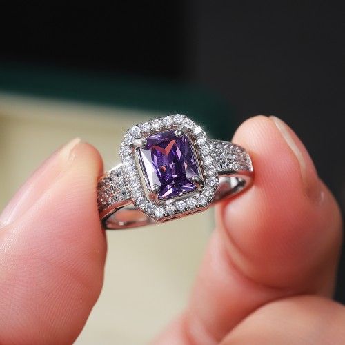 Radiant Cut Pure Purple CZ Beautiful Silver Luxury Wedding Ring, K840