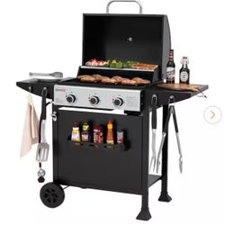 3-Burner BBQ Liquid Propane Gas Grill with Front Spice Rack, 2 Side Shelves and Hooks, Cart Style, Black, for Outdoor