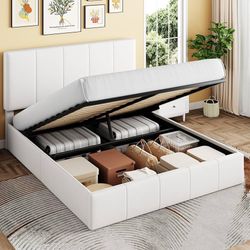 Queen Size Lift Up Storage Bed Frame, Adjustable Headboard, Hydraulic Support, Velvet Upholstered, Easy Installation, No Box Spring Needed, White